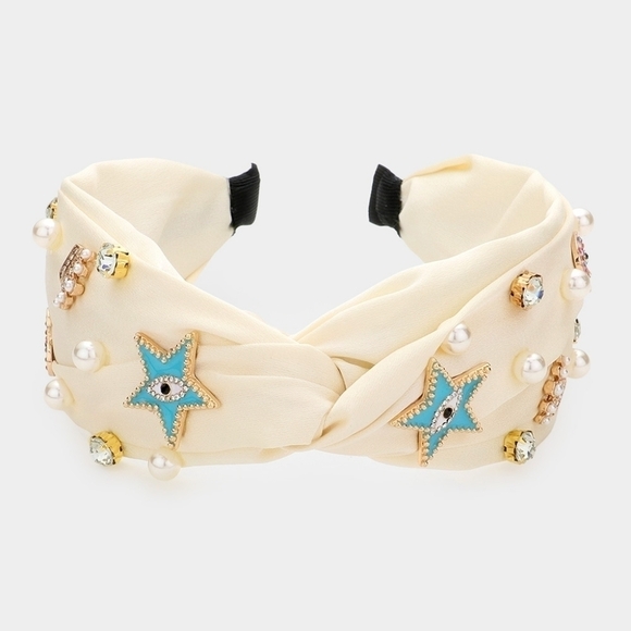 6,  NWT Ivory Pearl Evil Eye Star Heart Crown Embellished Twisted Headband - Picture 9 of 9